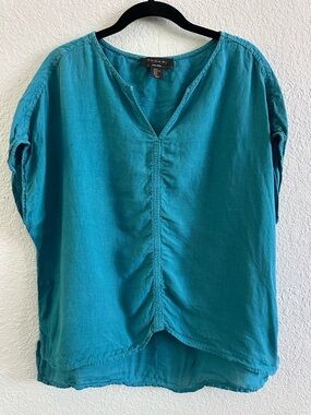 Tahari 100% Linen Top XL Teal Blue Short Sleeve Lightweight Blouse Summer Top